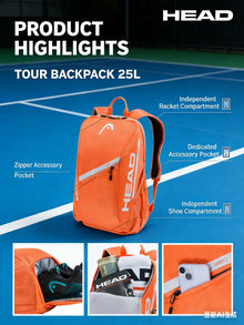 25L HEAD Tour Team Series Tennis Racket Bags for Men Women Orange Pink Original Comfortable Backpack With Shoe Storage 2 Rackets