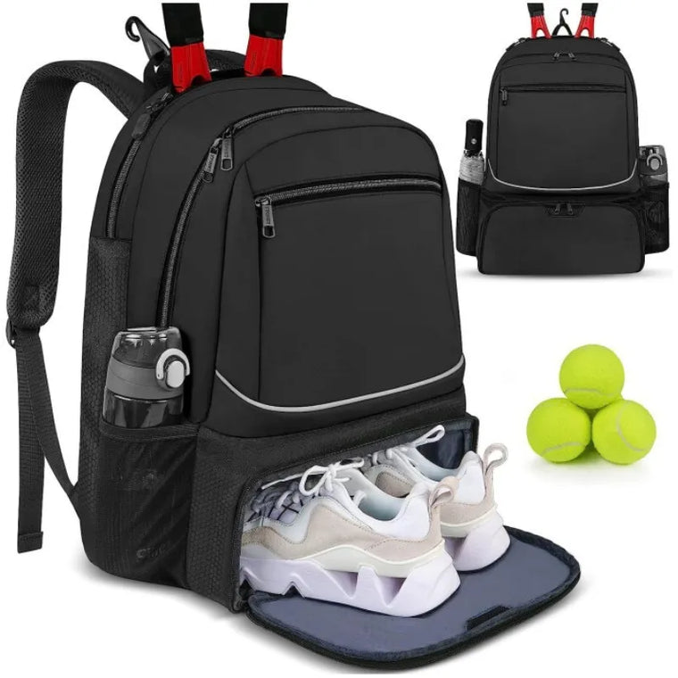 Large Capacity Tennis Backpack Sports Racket Pack Holds 1-2 Tennis Rackets Outdoor Badminton Bag With Shoe Pocket Black Pink